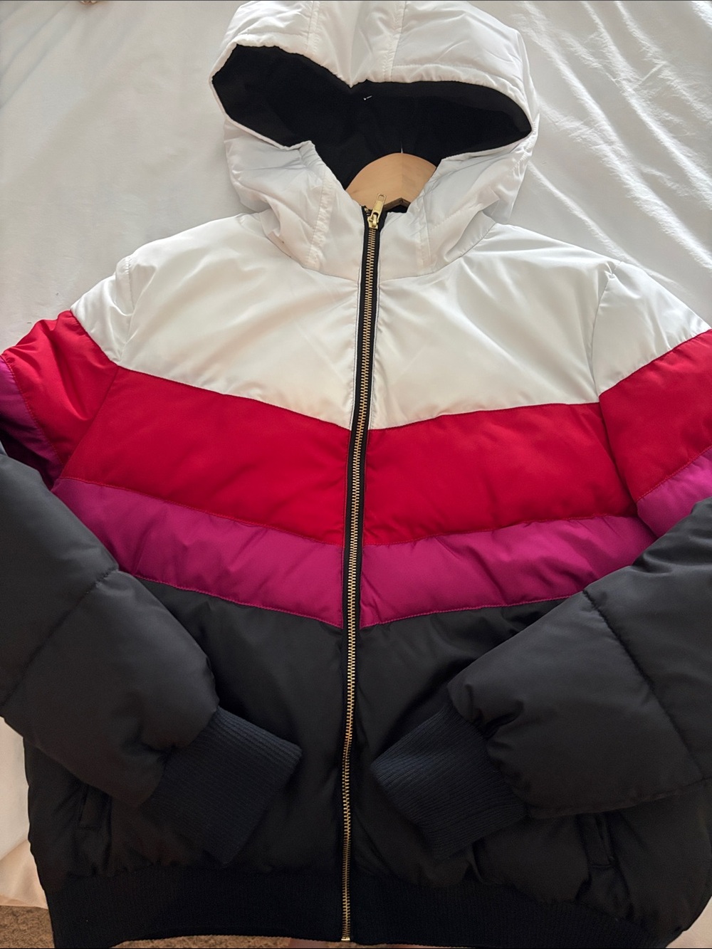 Spiritual Gangster Colorblock Puffer Jacket in White, Red, Pink & Black - Picture 2 of 4